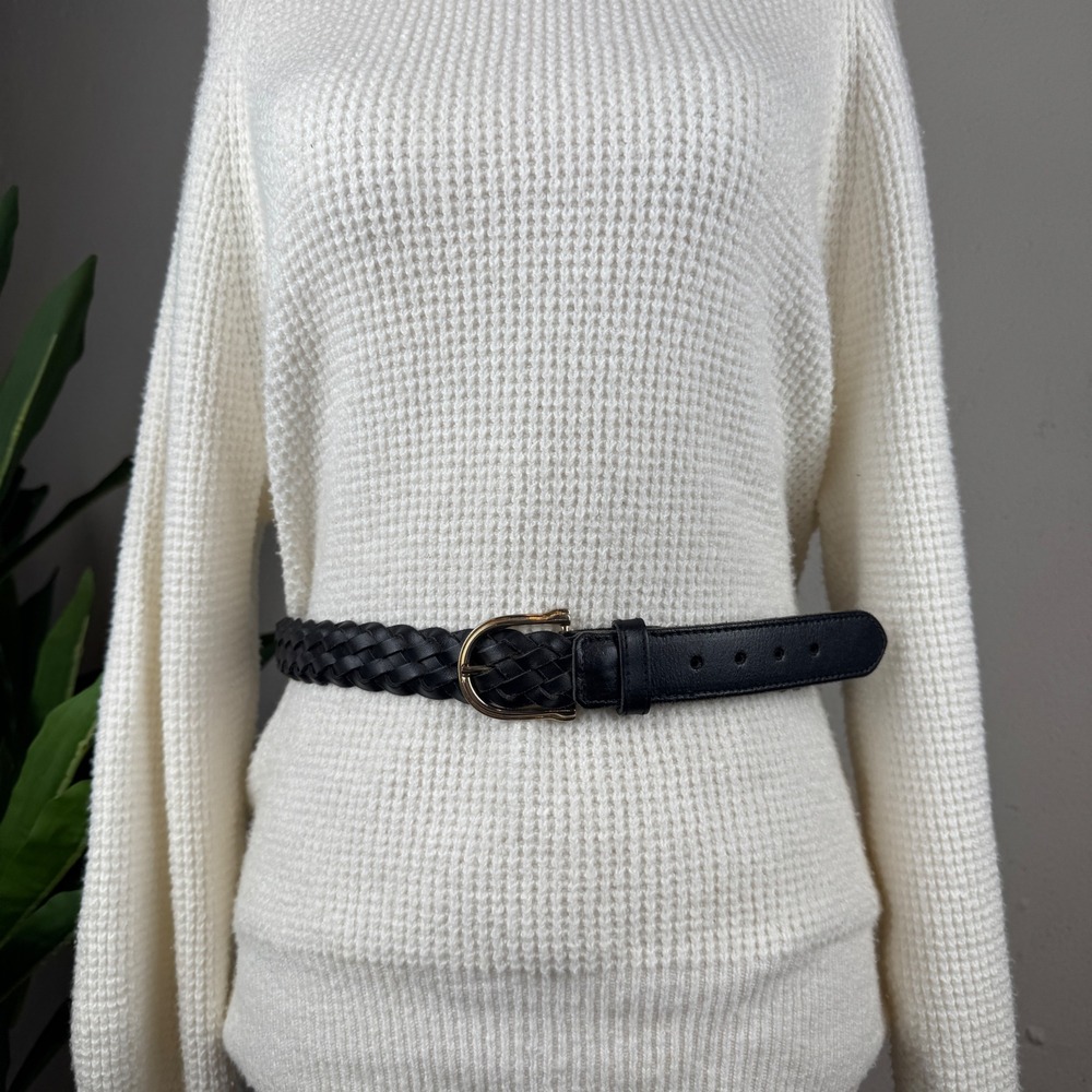 Vintage Minimalist Preppy Equestrian Gorbani Braided Black Leather Belt Women L
